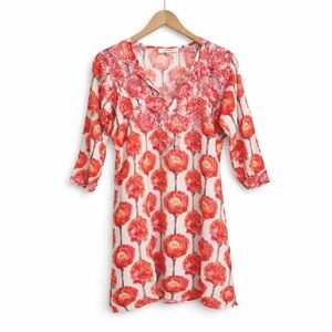 Amaya Pink White Hand Embroidered Peony Floral Split Neck Lightweight Dress 38/S